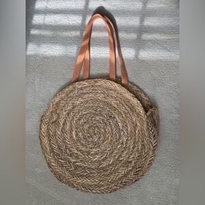 Straw Round Tote Bag with Tan Straps (Large)